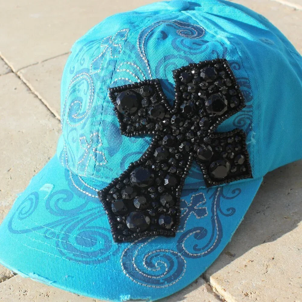 Women Blue Inspirational Cross Rhinestone Crystal Cap Hat Stud Decorative Cotton